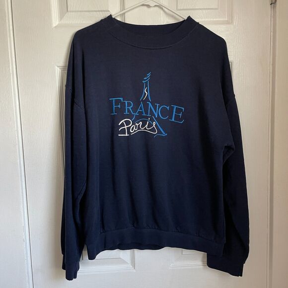 Vintage Paris France Embroidered Navy Blue Sweatshirt Eiffel Tower size S/M - Picture 1 of 5